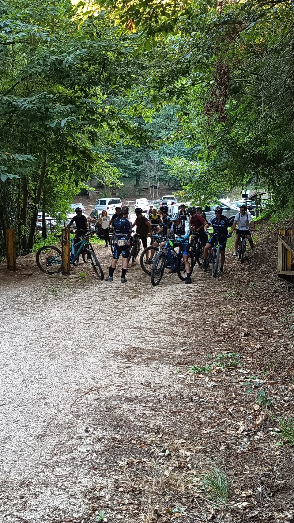 Gruppo di biker in partenza su un sentiero sterrato nel bosco di Velletri