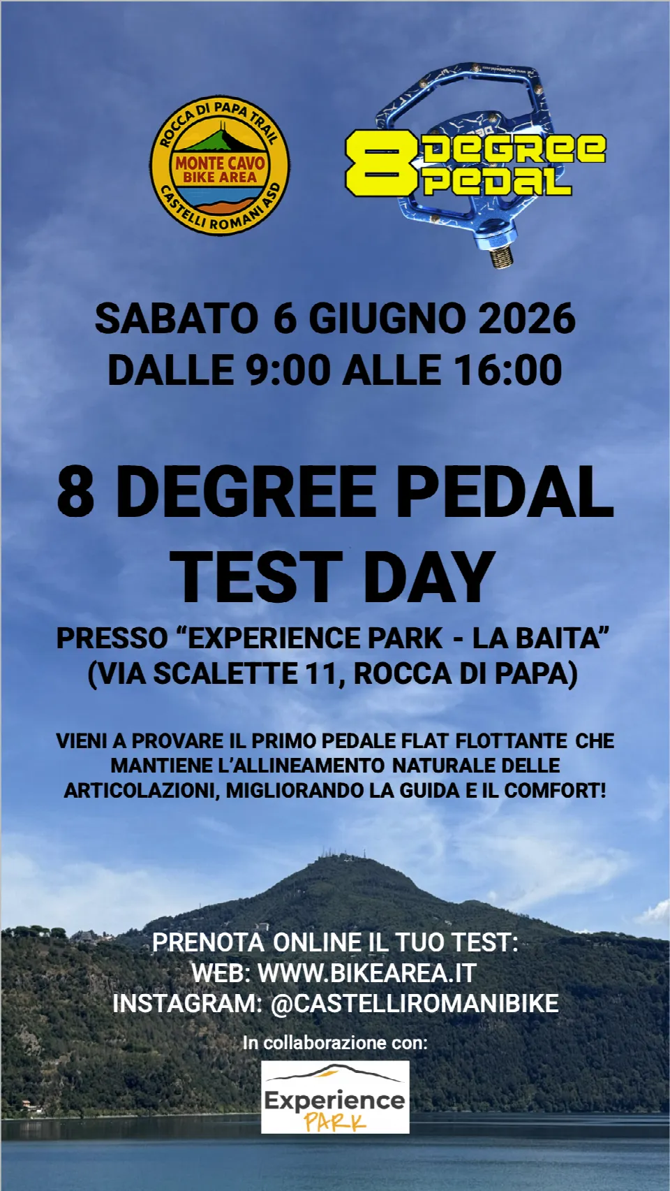 Locandina dell'8 Degree Pedal Test Day di sabato 6 giugno 2026 all'Experience Park di Rocca di Papa